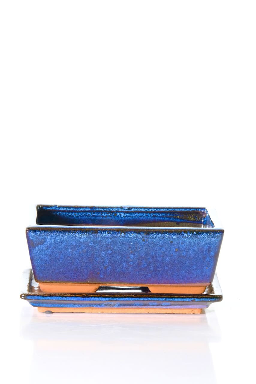 Blue ceramic bonsai pot available with or without a drip tray