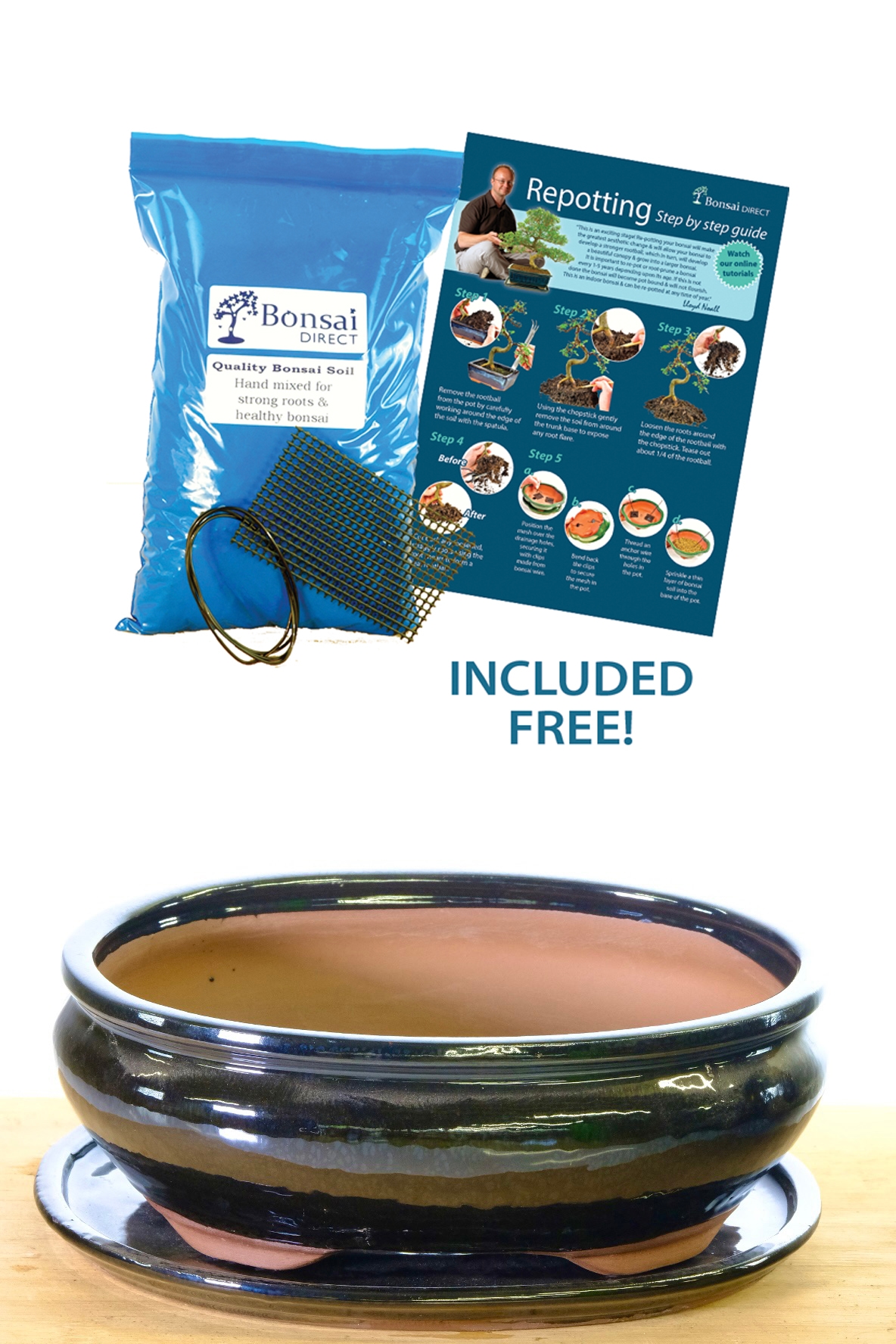 Sleek Black oval ceramic bonsai pot with matching tray